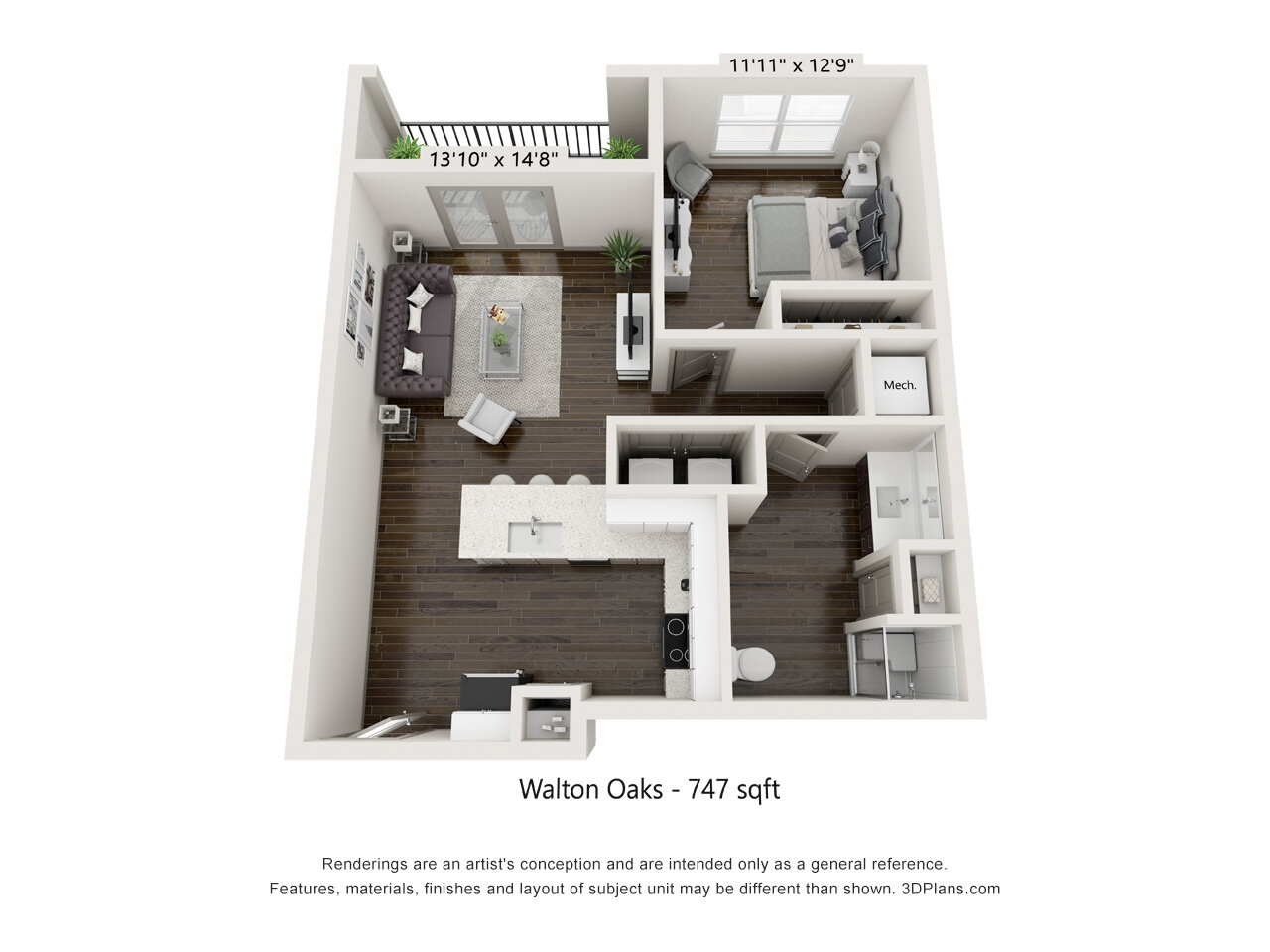 Floor plan for 1 bed, 1 bath, 747 sqft